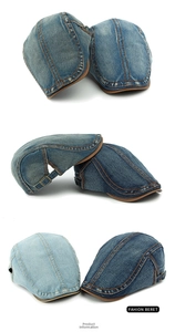 Detail of washed denim beret showing vintage stitching and metal adjustable buckle