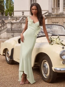 Elegant Evening Gown Sleeveless V-Neck High Waist Bodycon Maxi Dress With Floral Decoration For Formal Party Wedding