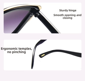 Close-up of cat-eye sunglasses featuring durable metal hinges and ergonomic black temples