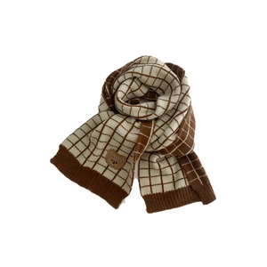 Children's checkered knit scarf with cute bear patch in cream and brown plaid pattern