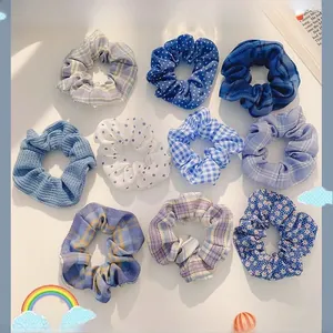 Set of 10 floral and plaid pattern organza hair scrunchies with soft elastic fabric texture