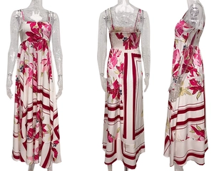 Three-way view of floral backless maxi dress with red and pink geometric prints