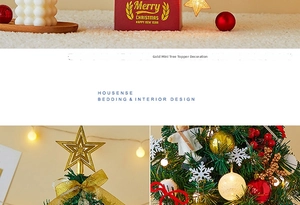 Close-up of lighted mini Christmas tree with gold star, red baubles and gift box
