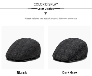 Detail view of newsboy caps in black and dark grey plaid wool texture with ear protection