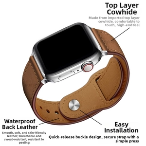 Detail view of brown leather Apple Watch band with waterproof lining and metal pin buckle