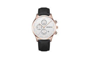Macro detail of Geneva watch with rose gold case, Roman numerals and black leather strap
