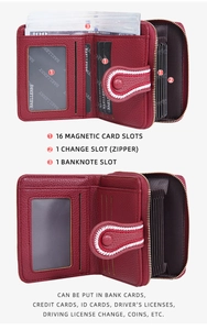 Detail view of red women's wallet with 16 card slots and zippered coin compartment