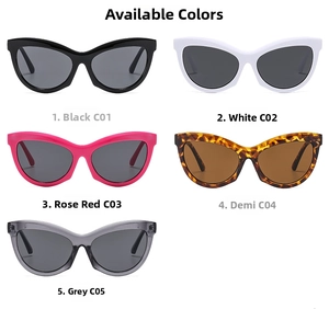 Cat-eye sunglasses displayed in black, white, rose red, tortoiseshell, and grey colors