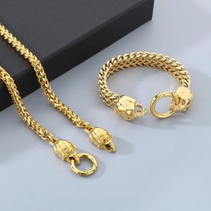 Golden hip hop skull head titanium steel jewelry set with dragon bone chain and bracelet
