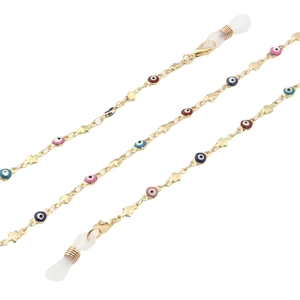 Golden eyewear chain with colorful evil eye beads and small star charms for sunglasses