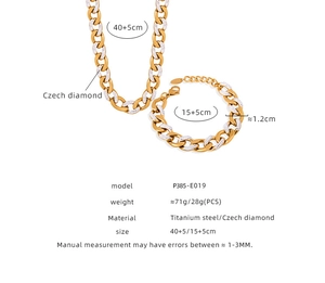 Detailed specs of gold Cuban link titanium necklace and bracelet set with Czech diamonds