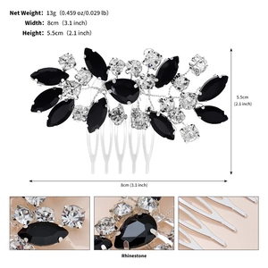 Detailed view of handmade black rhinestone hair comb with silver wire and pearl accents