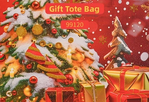 Detailed Christmas gift bag featuring snowy trees, lit candles, and festive ornaments
