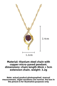 Detail view of gold titanium steel necklace with purple gemstone pendant and dimensions