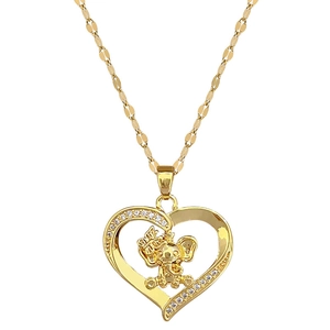 Titanium steel elephant heart necklace with rhinestones and unique golden link chain