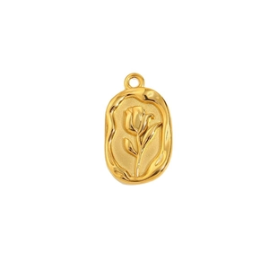 18K gold plated stainless steel oval pendant with embossed rose flower design
