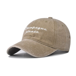 Vintage washed cotton baseball cap in khaki with Champagne please white embroidery