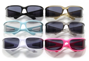 Grid view showing six colorful Y2K outdoor sports sunglasses with sleek narrow frames