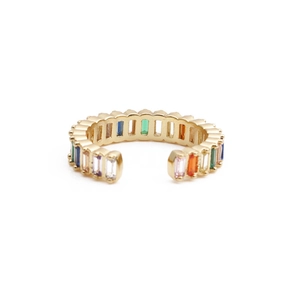 Rainbow cubic zirconia open ring with colorful baguette cut stones in gold finish