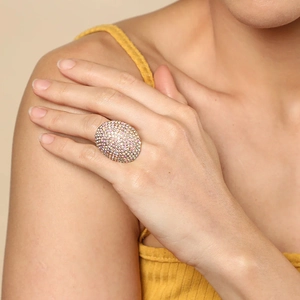 Luxury Round Geometric Rhinestone Ring For Women Large Pave Crystal Statement Ring Fashion Electroplated Jewelry Silver Gold Finger Ring