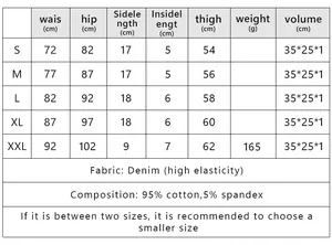 Größentabelle für hochelastische Denim-Shorts mit Maßen von S bis XXL in Zentimetern