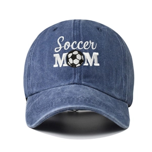 Navy blue washed denim baseball cap with white Soccer MOM embroidery and a football graphic
