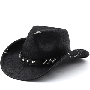 Cowboy Hat Western Faux Leather Metal Rings Rivets Punk Retro Wide Brim Jazz Fedora Cap Unisex