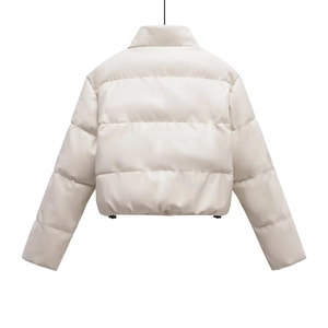Back view of cream padded puffer jacket with stand collar and horizontal quilting