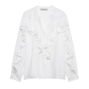 Blouse Femme Polyester Détail Volants Col V Manches Longues Élégant Bureau Haut Blanc