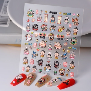 3D embossed Sun Wukong nail art stickers with vintage gold foil and deity motifs