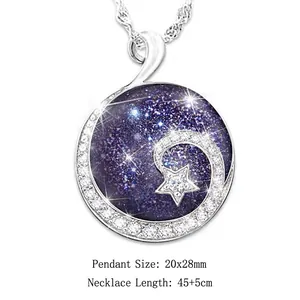 Detail showing starry sky pendant with moon and stars, size 20x28mm and 45+5cm chain