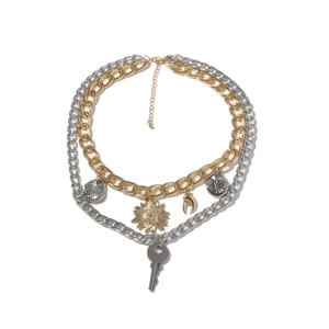 Collier double couche de style hip hop avec pendentifs tournesol et clé en métal