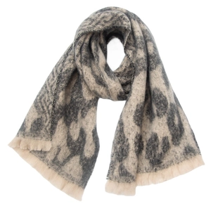 Macro detail of leopard print scarf with soft gray-beige texture and fringe tassels