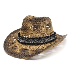 Handwoven natural straw western cowboy hat with hollow knit and gradient brim