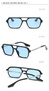 Three-view layout of large square sunglasses with black frame and blue lenses