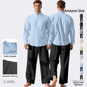 Men Casual Linen Blend Long Sleeve Henley Shirt And Drawstring Pants Vacation Breathable Loose Fit Solid Color Outfit