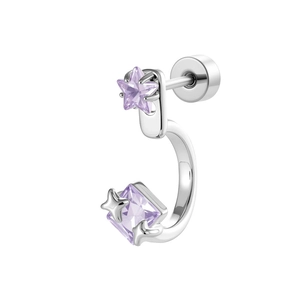 Exquisite C-shape silver earring featuring purple star and square zircon crystals