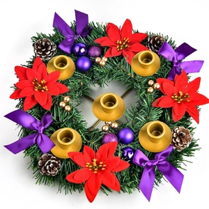 Detail view of 4-cup Christmas wreath with red poinsettias, purple bows and pine cones