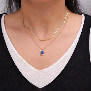 French vintage lapis lazuli square pendant necklace with double-layered 18k gold chain