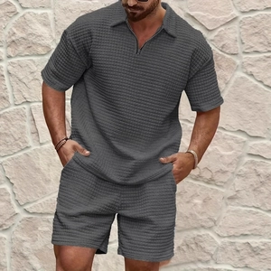 Men's dark grey waffle knit two-piece set featuring a zipper polo shirt and casual shorts