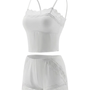 Elegant white lace lingerie set featuring a seamless camisole and matching shorts