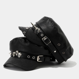 Black PU Leather Punk Military Cap With Metal Spikes And Skull Rivets Gothic Flat Top Hat For Men And Women