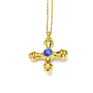 Luxurious 18k gold plated cross pendant necklace with a vintage blue natural stone