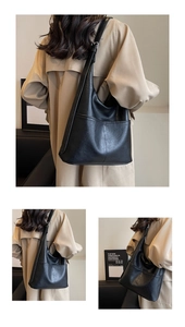 Multiple views of a black leather shoulder bag with front pocket on a model in a trench coat