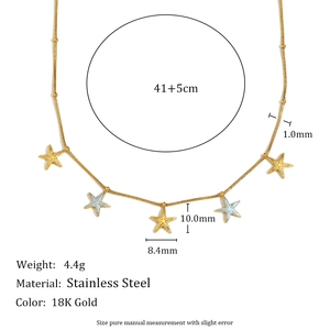 18K gold plated stainless steel necklace with blue and gold starfish charms and size details