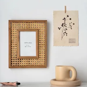 Solid Wood Photo Frame Natural Rattan Woven Picture Frame Desktop Wall Hanging Home Decor Japanese Style Photography