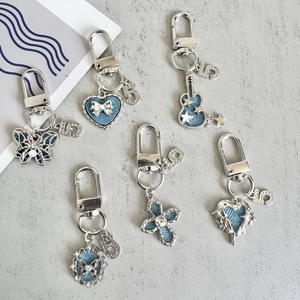 6Pcs Denim Retro Keychain Set with Butterfly Heart Guitar and Rhinestone Charms