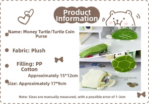 Detail showing plush turtle coin purse size specifications and soft material texture