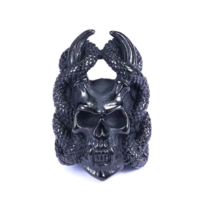 Gothic skull ring for men with dragon snake horns in matte black stainless steel