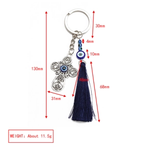 Detailed view of evil eye tassel keychain with precise dimensions and measurement lines